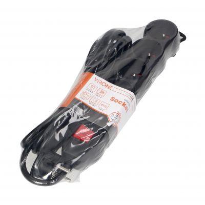 Przedłużacz 5-krotny 2P+Z z wyłącznikiem 3m H05VV-F 3x1,5mm2 Imax=16A płaska wtyczka czarny ORNO (ES-7/B/3)