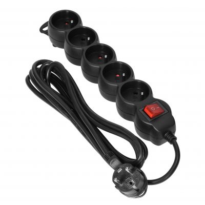 Przedłużacz 5-krotny 2P+Z z wyłącznikiem 3m H05VV-F 3x1,5mm2 Imax=16A płaska wtyczka czarny ORNO (ES-7/B/3)