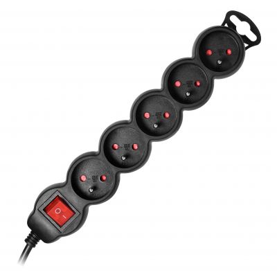 Przedłużacz 5-krotny 2P+Z z wyłącznikiem 3m H05VV-F 3x1,5mm2 Imax=16A płaska wtyczka czarny ORNO (ES-7/B/3)