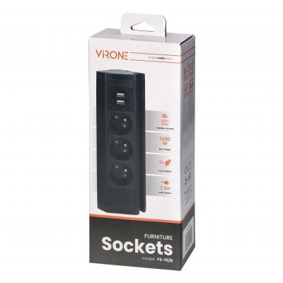 Gniazdo meblowe z uchwytem na telefon, ładowarką USB i przewodem 1,5m, 3x2P+Z, 2xUSB (typ A, 2,4A), FS-15/B ORNO (FS-15/B)