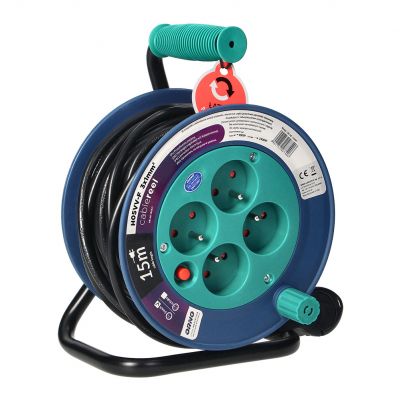 Przedłużacz bębnowy MINI, 4 gniazda 2P+Z, metalowy stojak, polwinit H05VV-F 3x1mm2 , długość 15m, turkusowy OR-AE-1339/T ORNO (OR-AE-1339/T)