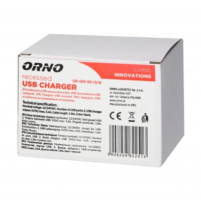 Ładowarka 2xUSB (typ A, 3,4A) wpuszczana w blat, czarna OR-GM-9019/B ORNO (OR-GM-9019/B)