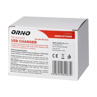 Ładowarka 2xUSB (typ A, 3,4A) wpuszczana w blat, srebrna OR-GM-9019/G ORNO (OR-GM-9019/G)
