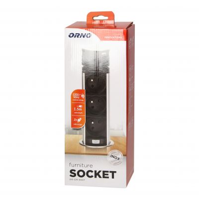 Gniazdo meblowe O6cm wysuwane z blatu z ładowarką USB i przewodem 1,5m, 3x2P+Z, 2xUSB (typ A i typ C OR-GM-9027 ORNO (OR-GM-9027)