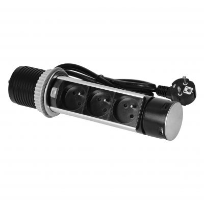 Gniazdo meblowe O6cm wysuwane z blatu z ładowarką USB i przewodem 1,5m, 3x2P+Z, 2xUSB (typ A i typ C OR-GM-9027 ORNO (OR-GM-9027)
