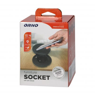 Gniazdo meblowe O6cm z rotacyjną pokrywą, ładowarką indukcyjną, ładowarką USB i przewodem 1,5m, 1x2P OR-GM-9028 ORNO (OR-GM-9028)