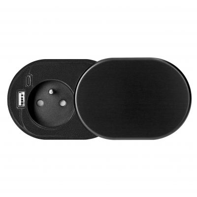 Gniazdo meblowe Ø6cm wpuszczane w blat z przesuwną pokrywką ładowarką USB i przewodem 1,9m, 1x2P+Z  OR-GM-9042/B ORNO (OR-GM-9042/B)