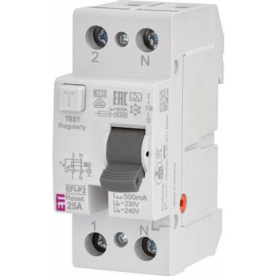 Wyłącznik różnicowoprądowy - z funkcją Reset EFI-P2R A 25/0.5 1P+N 25A 500mA Typ A 002061491 ETI (002061491)