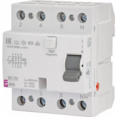 Wyłącznik różnicowoprądowy EFI-P4 A 40/0.5 3P+N  40A 500mA Typ A 002061542 ETI (002061542)