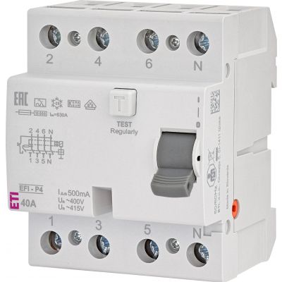 Wyłącznik różnicowoprądowy EFI-P4 A 40/0.5 3P+N  40A 500mA Typ A 002061542 ETI (002061542)