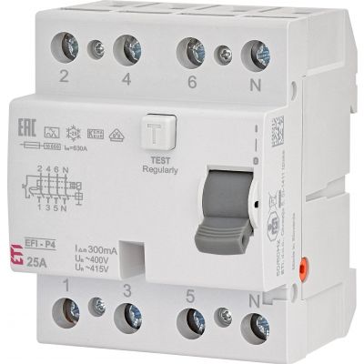 Wyłącznik różnicowoprądowy 6kA EFI6-P4 A 25/0.03 3P+N 25A 30mA Typ A 002061661 ETI (002061661)
