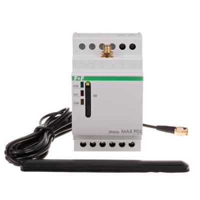 Przekaźnik zdalnego sterowania GSM (SMS); 4xWY 4xWE; załącz/wyłącz/powiadom; 230V AC; 4x1NO; montaż na szynie DIN SIMplyMAX-P04 F&F (SIMplyMAX-P04)
