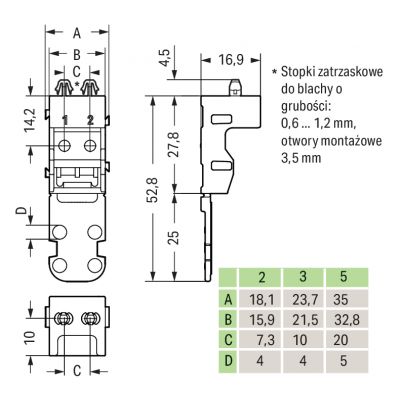 Adapter montażowy do złączek 2-przewodowych Seria 221 - 4mm2 czarny /10szt./ WAGO (221-522/000-004)