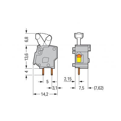 Modularna złączka do płytek drukowanych przycisk 2,5mm2 RM 7,5/7,62mm 1-bieg czerwona /100szt./ WAGO (257-750)