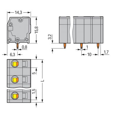 Złączka do płytek drukowanych 2,5mm2 RM 10mm 6-bieg szara /20szt./ WAGO (739-3206)