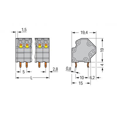 Złączka do płytek drukowanych 4mm2 RM 5mm 10-bieg szara /60szt./ WAGO (745-3110)