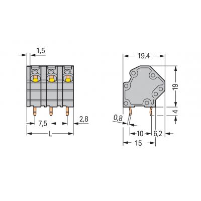 Złączka do płytek drukowanych 4mm2 RM 7,5mm 6-bieg szara /72szt./ WAGO (745-3156)