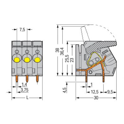 Złączka do płytek drukowanych dźwignia 6mm2 RM 7,5mm 10-bieg szara /15szt./ WAGO (2706-160)