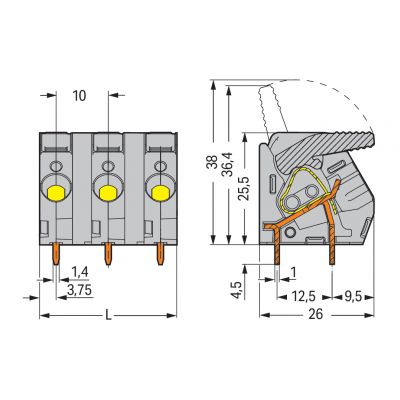 Złączka do płytek drukowanych dźwignia 6mm2 RM 10mm 5-bieg szara /25szt./ WAGO (2706-205)