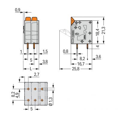 Złączka do płytek drukowanych dźwignia 4mm2 RM 5mm 7-bieg szara /50szt./ WAGO (2604-3107)