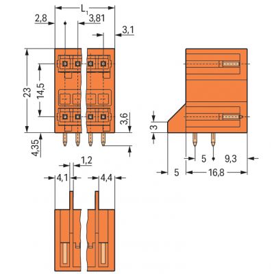 Wtyk dwupiętrowy THT Pin lutowniczy 1,0x1,0mm konstrukcja kątowa pomarańczowy /50szt./ WAGO (734-440/001-000)