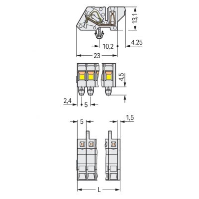 1-przewodowe gniazdo kątowe CAGE CLAMP pełna ochrona przed błędnym wetknięciem jasnoszary /50szt./ WAGO (721-308/008-000)