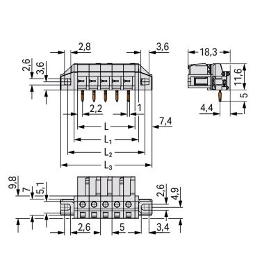 Gniazdo THT Pin lutowniczy 0,6x1,0mm konstrukcja kątowa jasnoszare /50szt./ WAGO (722-238/031-000)