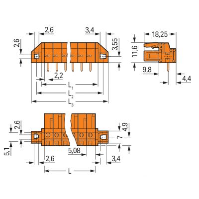 Gniazdo THT Pin lutowniczy 0,6x1,0mm konstrukcja kątowa pomarańczowa /50szt./ WAGO (232-264/031-000)