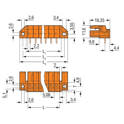 Gniazdo THT Pin lutowniczy 0,6x1,0mm konstrukcja kątowa pomarańczowa /25szt./ WAGO (232-274/047-000)