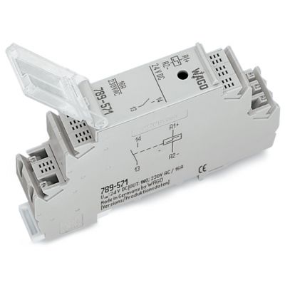 Moduł przekaźnika implusowego nominalne napięcie wejściowe 24V DC 1 zestyk zwierny graniczny prąd stały 16A sygnalizacja statusu czerwony szerokość 18mm 2,50mm2 szary WAGO (789-571)