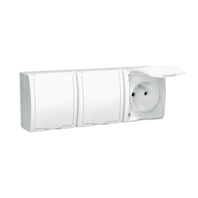 Simon Aquarius Gniazdo wtyczkowe potrójne z uziemieniem bryzgoszczelne IP54 klapka biała z przesłonami torów prądowych Σ16A 250V zaciski śrubowe biały AQGZ1-3Z/11 (AQGZ1-3z/11)
