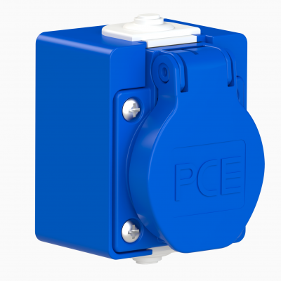 GNIAZDO WTYCZKOWE 230V Z BOLCEM Z PUSZKĄ NADTYNKOWĄ Niebieskie z puszką niebieską 104-0hp PCE (104-0HP)