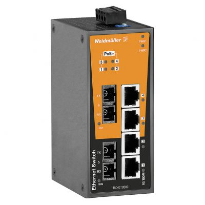 WEIDMULLER IE-SW-BL06-4POE-2SC Przełącznik sieciowy (prosty), niezarządzany PoE, Fast Ethernet, Liczba portów: 4x RJ45 10/100 BaseT(X) PoE+, 2x SC wielomodowy, 0 °C...60 °C, IP30 1504210000 /1szt./ (1504210000)