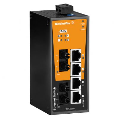 WEIDMULLER IE-SW-BL06-4POE-2ST Przełącznik sieciowy (prosty), niezarządzany PoE, Fast Ethernet, Liczba portów: 4x RJ45 10/100 BaseT(X) PoE+, 2 * ST wielomodowy, 0 °C...60 °C, IP30 1504230000 /1szt./ (1504230000)