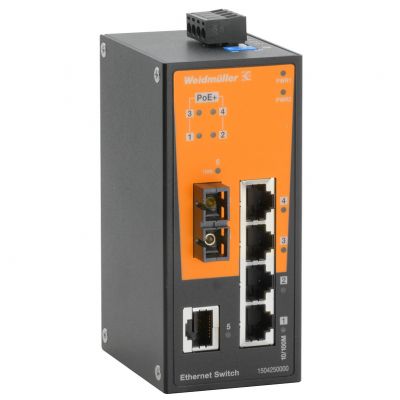 WEIDMULLER IE-SW-BL06-1TX-4POE-1SC Przełącznik sieciowy (prosty), niezarządzany PoE, Fast Ethernet, Liczba portów: 1 * RJ45 10/100BaseT(X), 4x RJ45 10/100 BaseT(X) PoE+, 1 * SC wielomod 1504250000 /1s (1504250000)