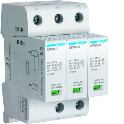 HAGER  SPD Ogranicznik przepięć T1+T2 MOV 3P sieć TN-C Iimp=37,5 kA Up≤1,5kV styk FM SPN900R (SPN900R)