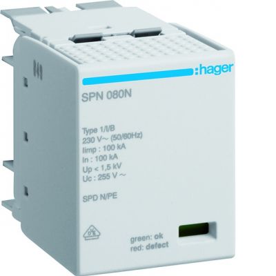 HAGER  SPD Moduł wymienny T1 kombinowany 1P sieć TT(N-PE) Iimp=100kA Up≤1,5kV SPN080N (SPN080N)