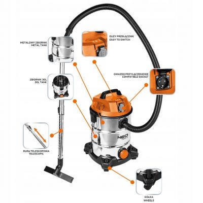 Odkurzacz 1400W 30l na sucho i mokro + osprzęt 04-738 NEO TOOLS GTX (04-738)