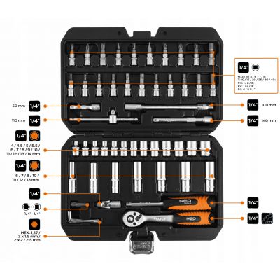 Zestaw klucze nasadowe 55 elementów grzechotka 1/4" walizka NEO TOOLS GTX (10-201)