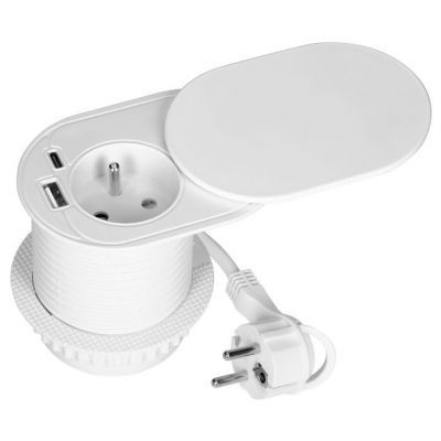 Gniazdo meblowe O6 cm wpuszczane w blat z przesuwną pokrywką ładowarką USB i przewodem 1,9m 1x2P+Z ORNO (OR-GM-9042/W)