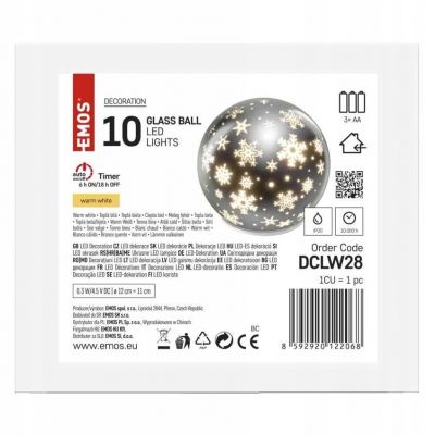 Szklana świąteczna ozdoba kula LED 10 LED 12cm 3x AA ciepła biel IP20 timer EMOS (DCLW28)