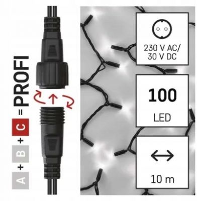 Lampki choinkowe łączone Profi łańcuch 100 LED 10m zimna biel czarny przewód IP44 timer EMOS (D2AC04)