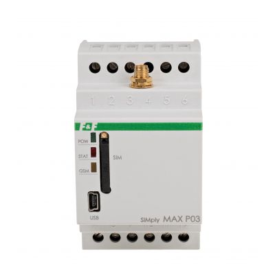 F&F przekaźnik zdalnego sterowania GSM (SMS); 2xWY 2xWE; sterowanie temperaturą; 230V AC; 2x1NO/NC; montaż na szynie DIN SIMplyMAX-P03 (SIMplyMAX-P03)