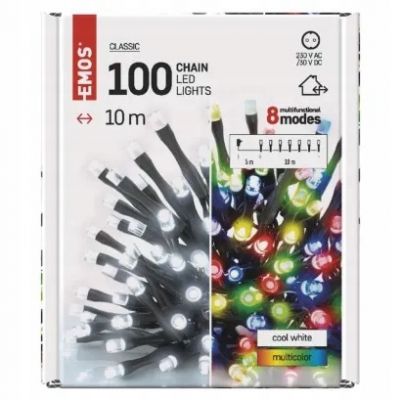 Lampki choinkowe 100LED 10m 2w1 zimna biel lub multikolor czarny 8 programów IP44 EMOS (D4AJ01)