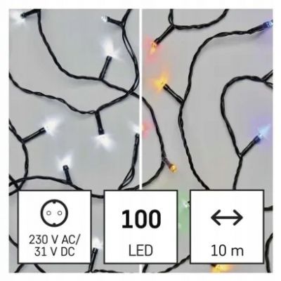 Lampki choinkowe 100LED 10m 2w1 zimna biel lub multikolor czarny 8 programów IP44 EMOS (D4AJ01)