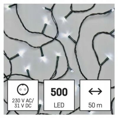 Lampki choinkowe Classic 500 LED 50m zimna biel zielony przewód IP44 timer EMOS (D4AC06)