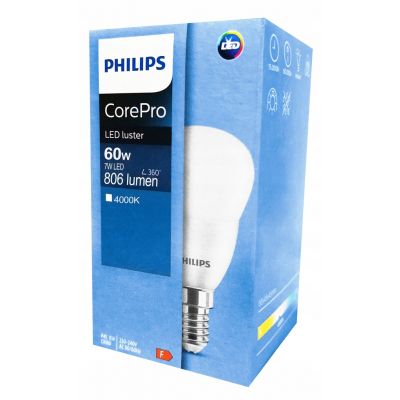 Żarówka LED Kulka 7W=60W 806lm / 4000K barwa neutralna lustre 7-60W E14 840 P48 FR PHILIPS (929002973302)