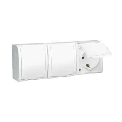 Simon Aquarius Gniazdo wtyczkowe potrójne z uziemieniem Schuko bryzgoszczelne IP54 klapka biała z przesłonami torów prądowych 16A 250V zaciski śrubowe biały AQGSZ1-3Z/11 KONTAKT - 1194523798.png