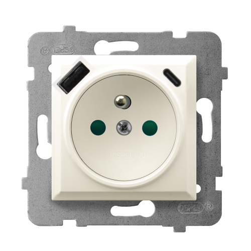 ARIA Gniazdo pojedyncze z uziemieniem z przesłonami torów prądowych z ładowarką USB A+C kolor ecru GP-1UZPUSBAC/m/27 OSPEL - gp-1uzpusbac__m-27.png