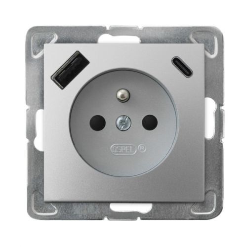 IMPRESJA Gniazdo pojedyncze z uziemieniem z przesłonami torów prądowych z ładowarką USB A+C kolor srebro GP-1YZPUSBAC/m/18 OSPEL - gp-1yzpusbac_m_18 - m/22584140/gp-1yzpusbac-m-18.jpg
